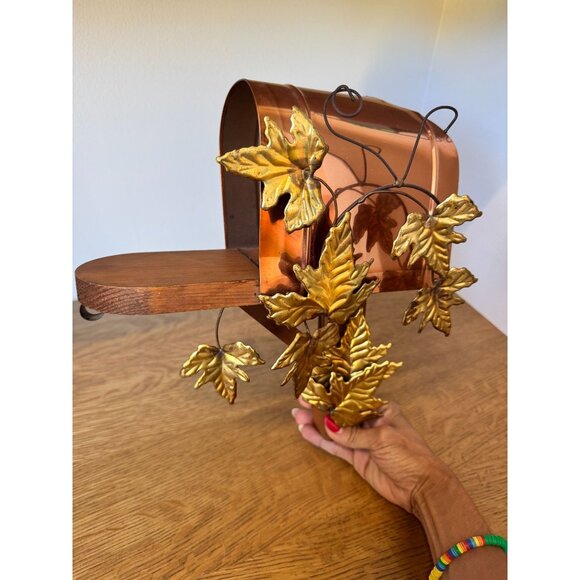 Copper type metal Mailbox With Brass type metal Leaves & Wooden Mount - Picture 1 of 9